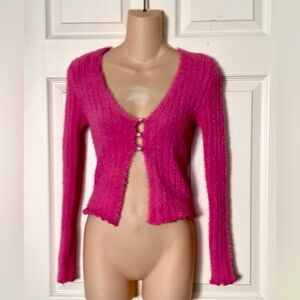 Forever 21 Eyelash Fuzzy Barbie Pink 3 Pearl Button Open Cardigan Sweater Small